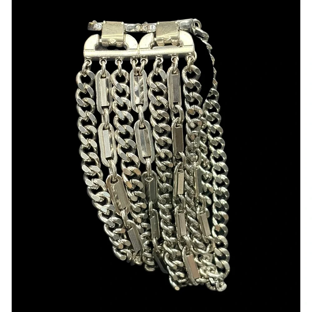 Vintage Monet Signed 7-Strand Silver Tone Chain Statement Bracelet 1960s